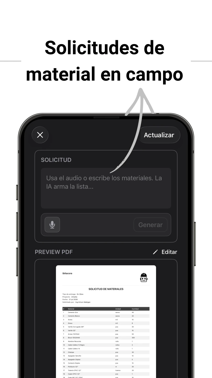 Solicitud de materiales desde campo por voz con IA, con vista previa en PDF
