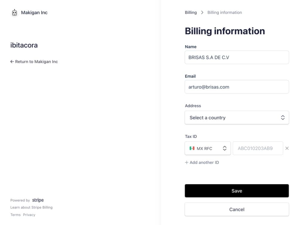 Ejemplo del formulario Billing information: razón social, correo, dirección e identificación fiscal